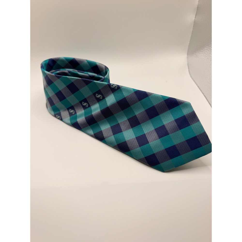 Seattle Mariners MLB Gingham Plaid Necktie Teal Navy Blue Baseball Fan Tie